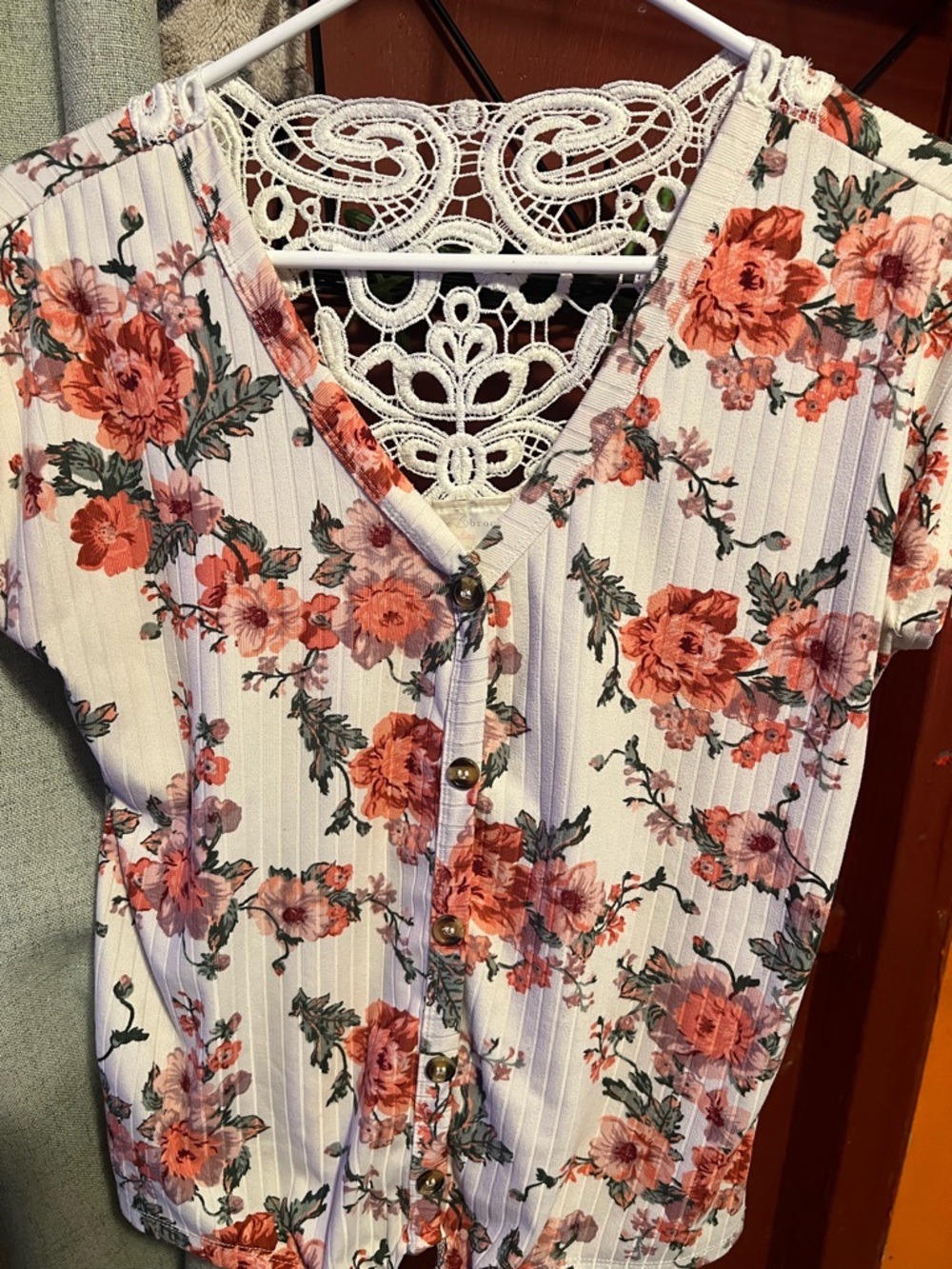Women's Floral Button-Front V-Neck Top - White with Coral Floral